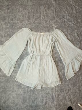 Altar'd State Off the Shoulder Crinkle Gauze Long Sleeve Romper Light Blue M